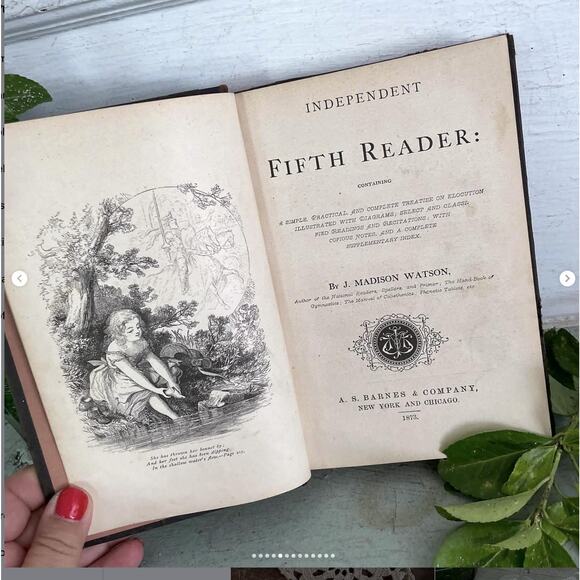 Antique Shabby School Book Independent Fifth Reader Illustrated Marble Edge 1883 - Picture 1 of 10